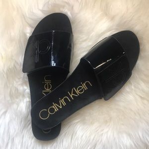 Calvin Klein Black Patent Slides Size 9 NWOT